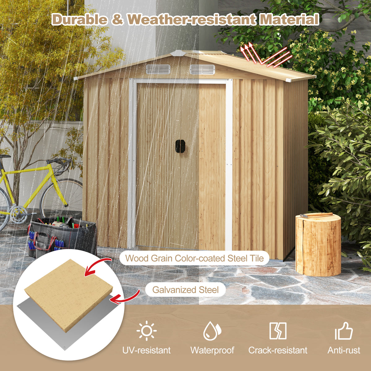 6 x 4 Feet Galvanized Steel Storage Shed with Lockable Sliding Doors - Natural