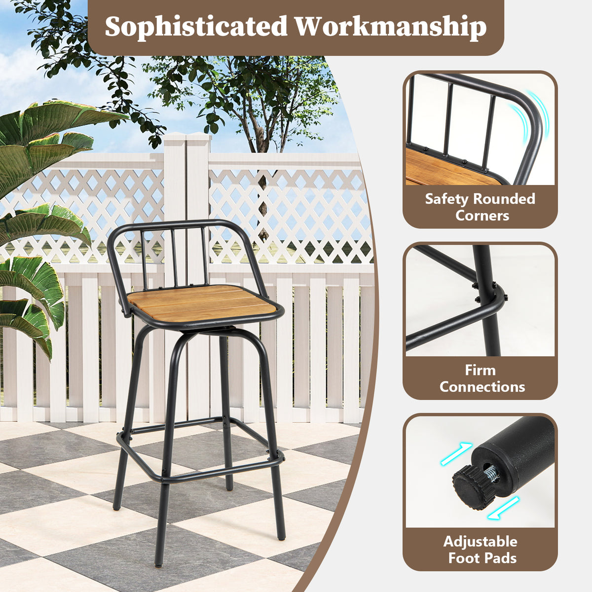 360° Swivel Bar Stools Set of 2 with Backrest - Natural & Black