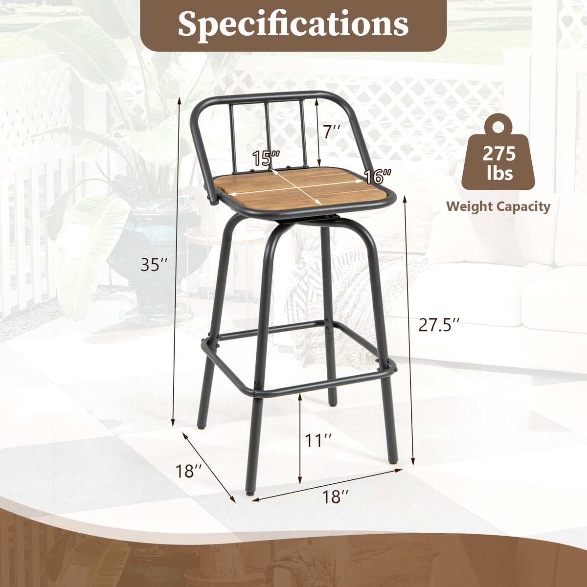 360° Swivel Bar Stools Set of 2 with Backrest - Natural & Black