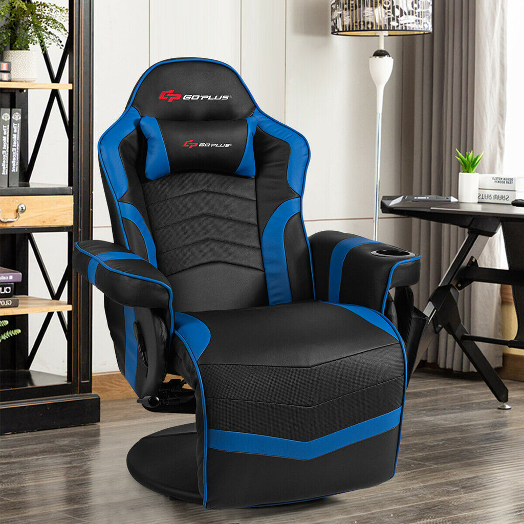 Ergonomic Gaming Chair with Massage & Footrest - Blue