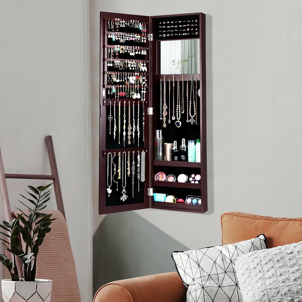 Wall-Mounted Jewelry Cabinet with Mirror & Storage – Dark Brown