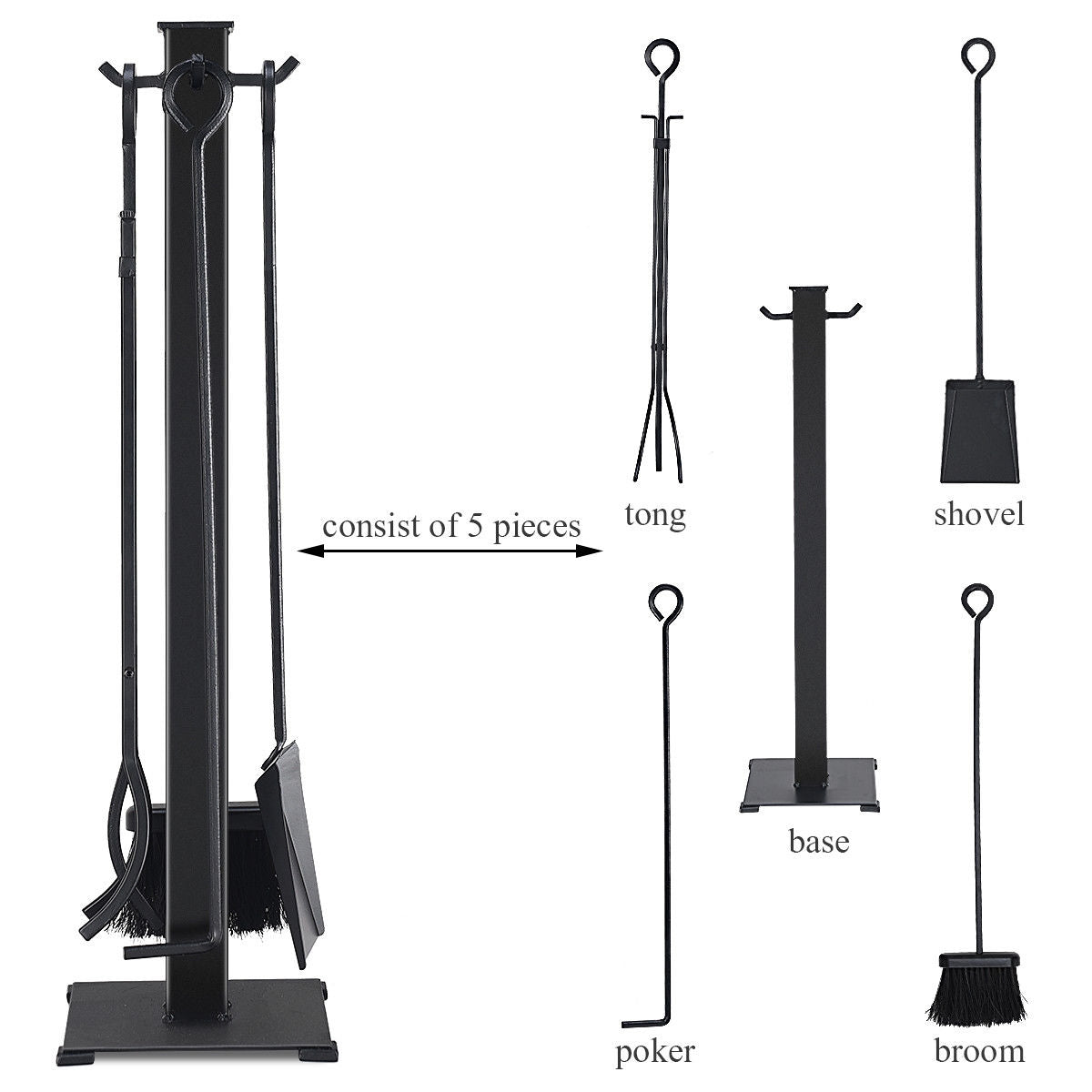 5-Piece Fireplace Tool Set with Rustic Handles – Steel