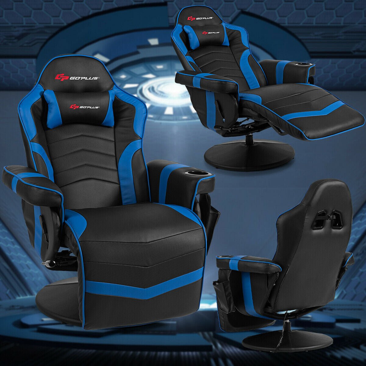 Ergonomic Gaming Chair with Massage & Footrest - Blue
