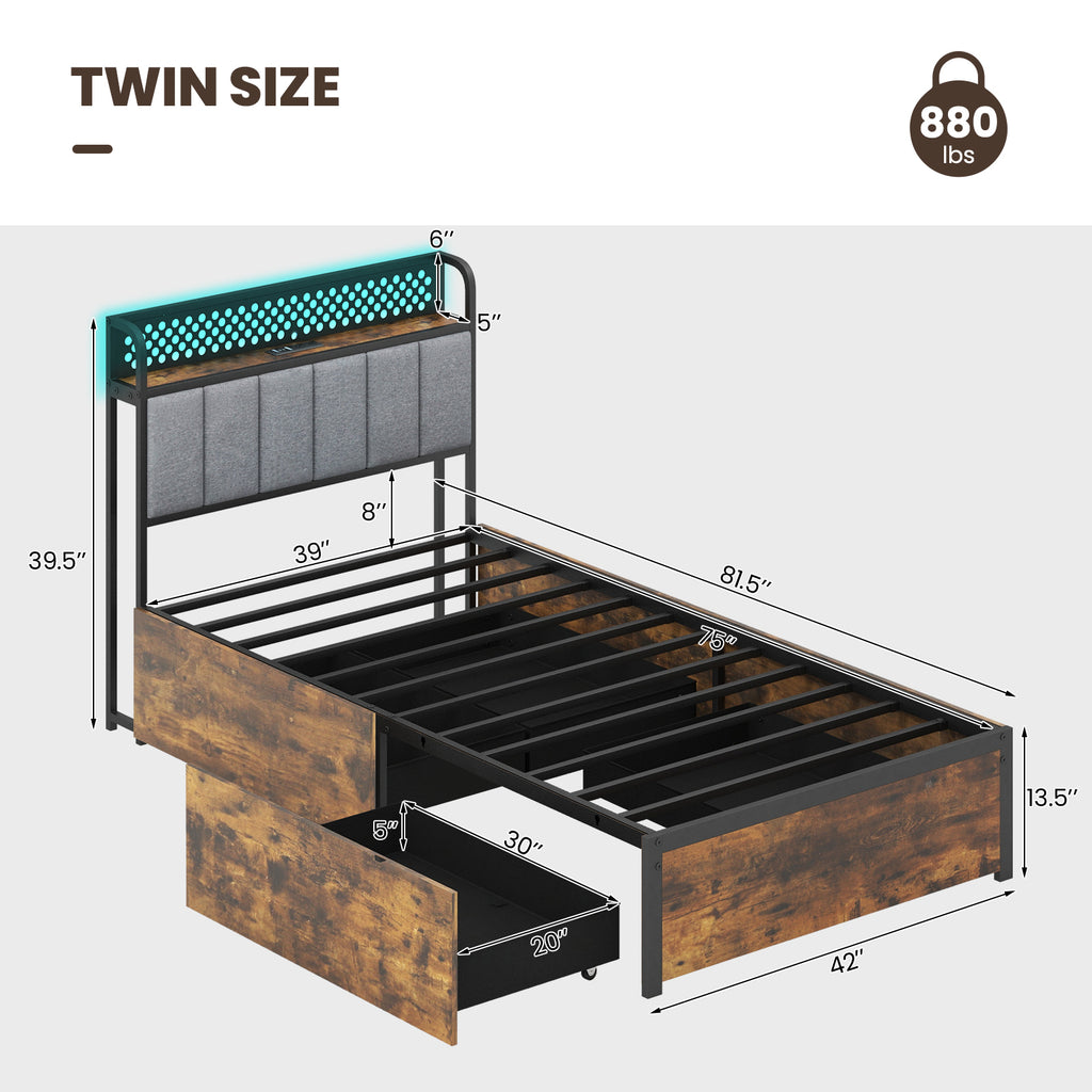 Twin Size Bed Frame with LED Lights, Storage Drawers & Upholstered Headboard