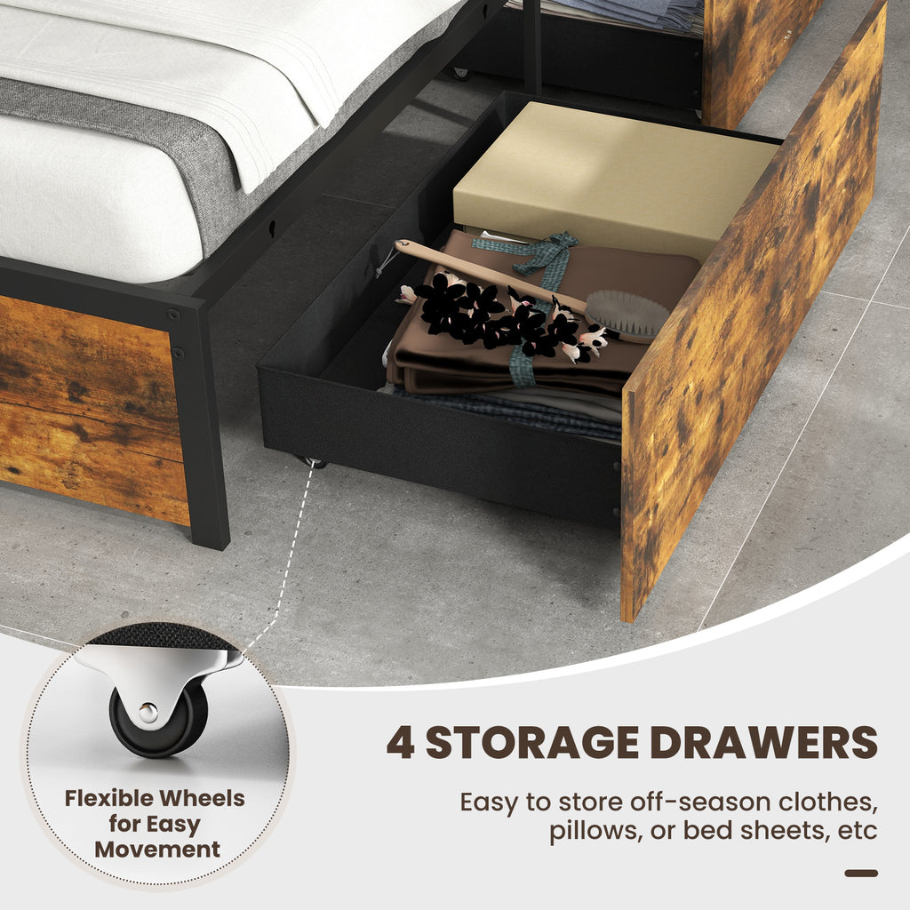 Twin Size Bed Frame with LED Lights, Storage Drawers & Upholstered Headboard