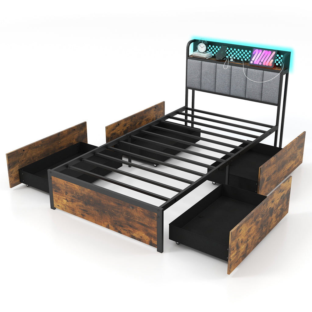 Twin Size Bed Frame with LED Lights, Storage Drawers & Upholstered Headboard