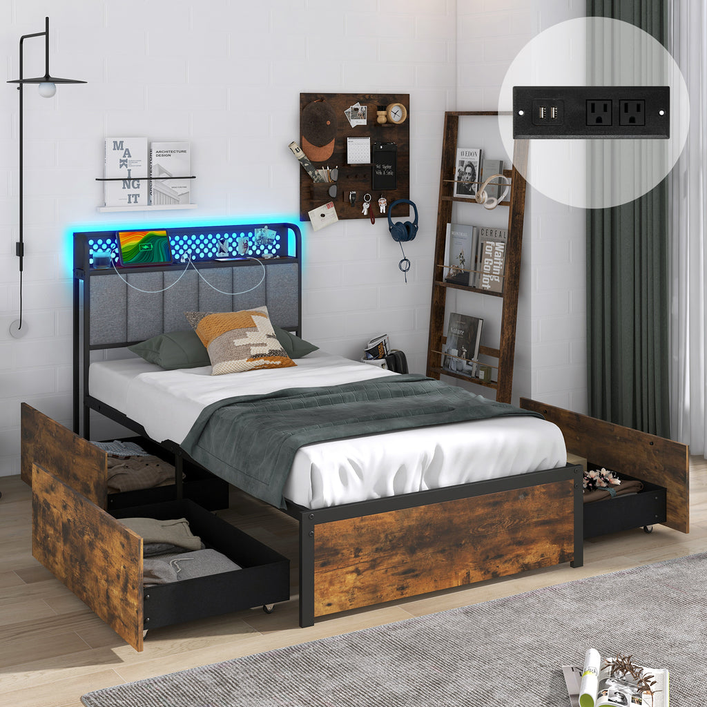 Twin Size Bed Frame with LED Lights, Storage Drawers & Upholstered Headboard