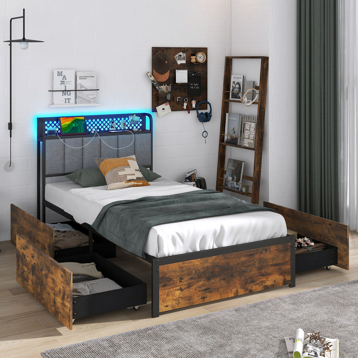 Twin Size Bed Frame with LED Lights, Storage Drawers & Upholstered Headboard