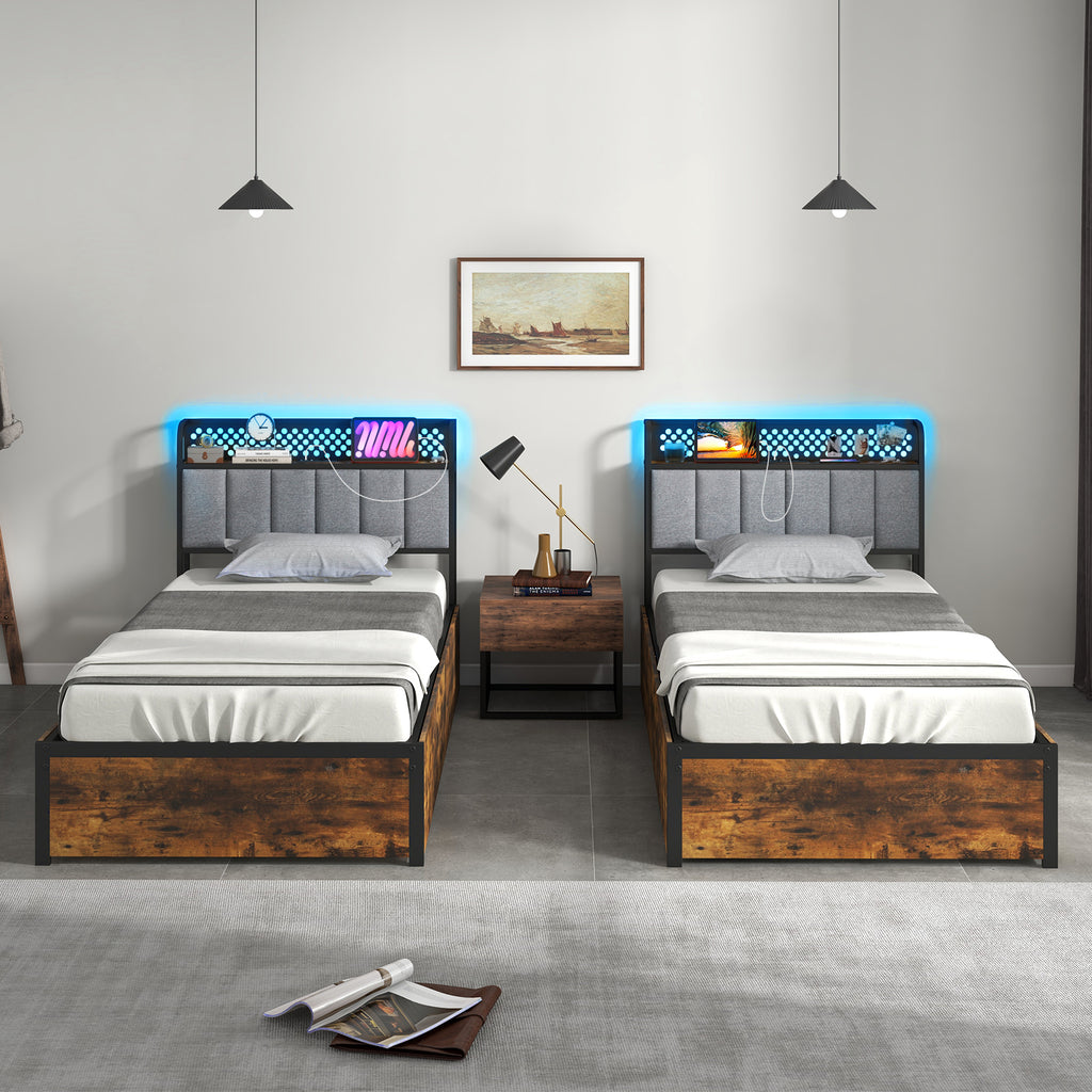 Twin Size Bed Frame with LED Lights, Storage Drawers & Upholstered Headboard