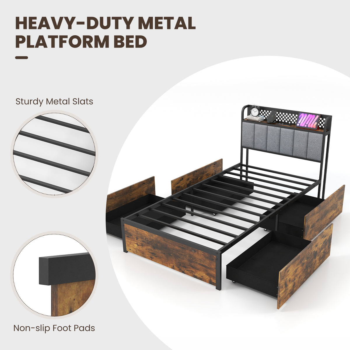 Twin Size Bed Frame with LED Lights, Storage Drawers & Upholstered Headboard
