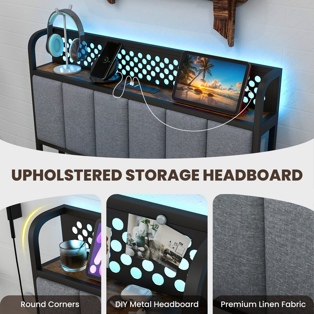 Twin Size Bed Frame with LED Lights, Storage Drawers & Upholstered Headboard