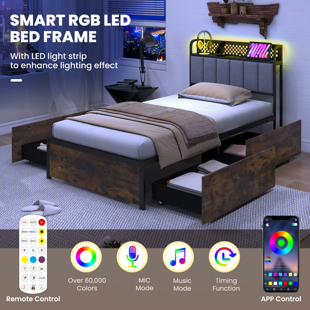 Twin Size Bed Frame with LED Lights, Storage Drawers & Upholstered Headboard