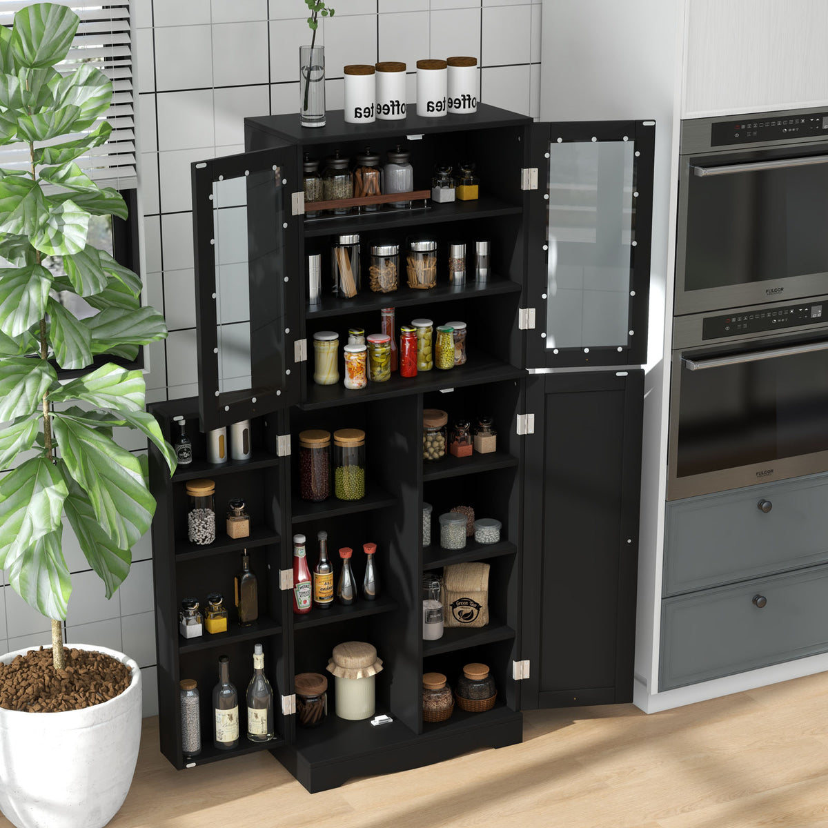 Tall Kitchen Pantry Cabinet with Glass Doors and Shelves - Black