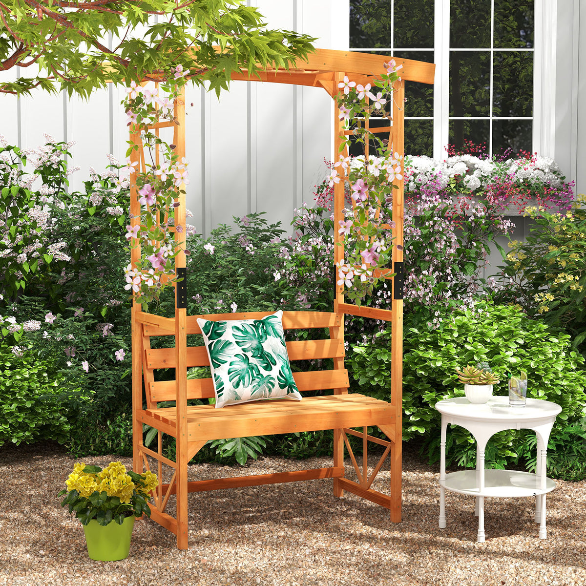 6.2 FT Tall Patio Garden Arbor with Pergola and 2-Seat Bench for Lawn