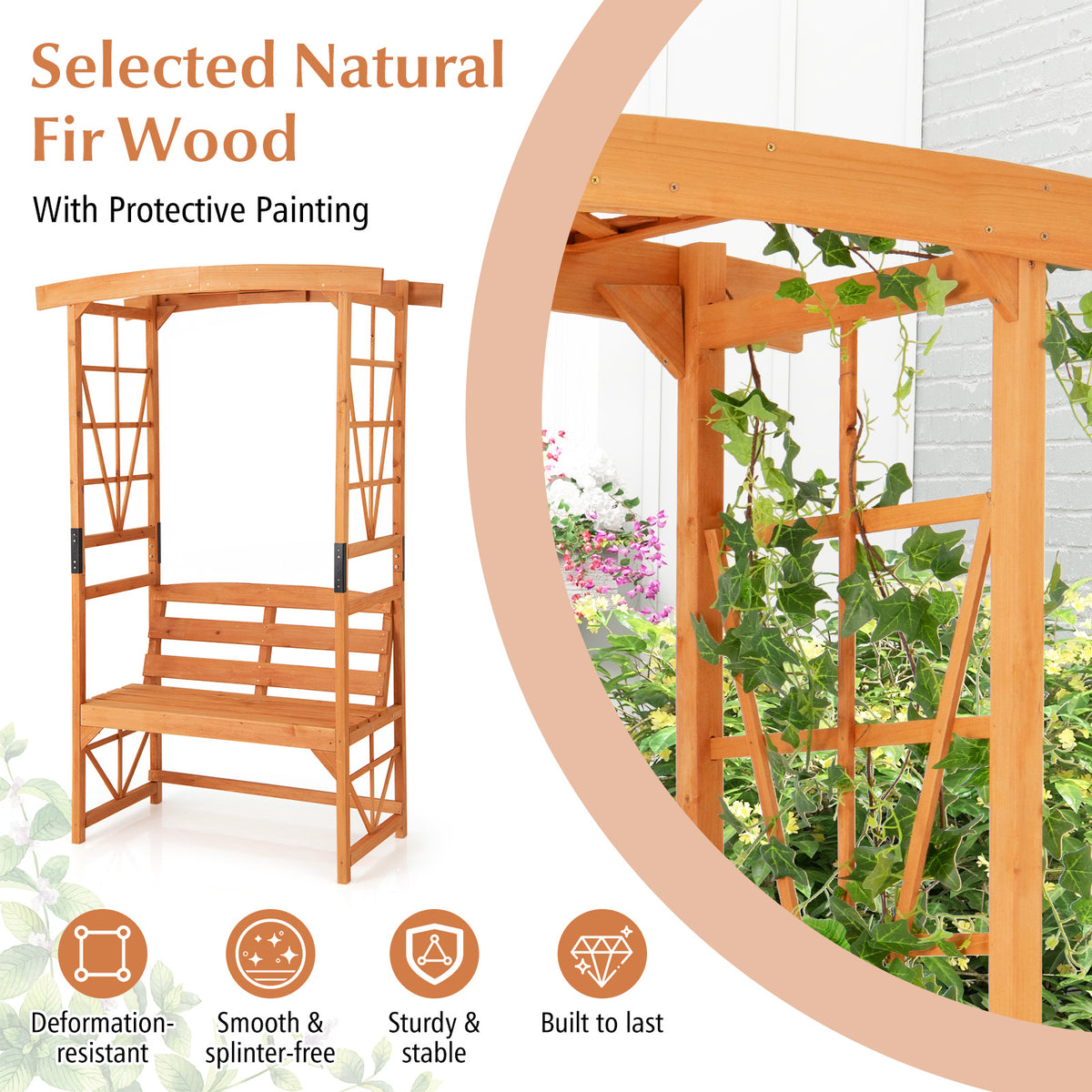 6.2 FT Tall Patio Garden Arbor with Pergola and 2-Seat Bench for Lawn