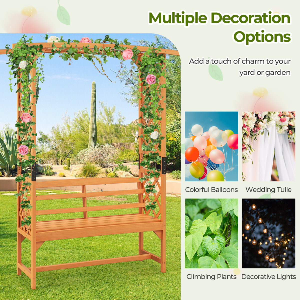 6.5 FT Tall Patio Garden Arbor with Pergola and 2-Seat Bench for