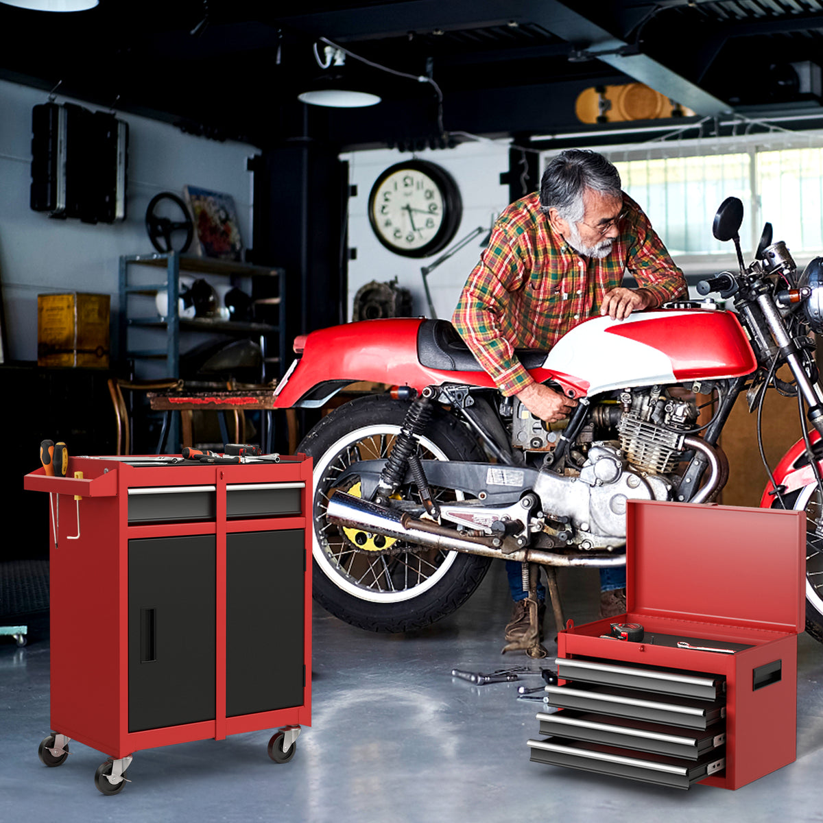 2-in-1 Rolling Tool Chest with 5 Drawers - Black & Red