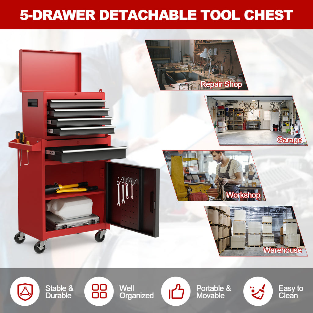 2-in-1 Rolling Tool Chest with 5 Drawers - Black & Red