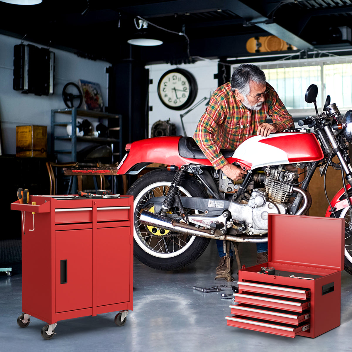 2-in-1 Rolling Tool Chest with 5 Sliding Lockable Drawers