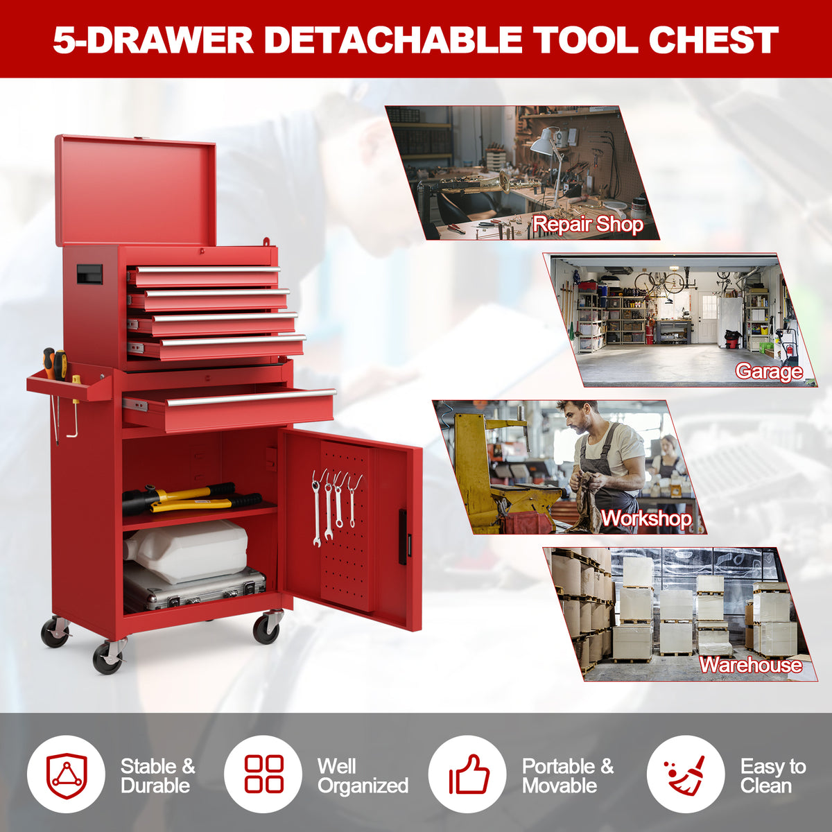 2-in-1 Rolling Tool Chest with 5 Sliding Lockable Drawers