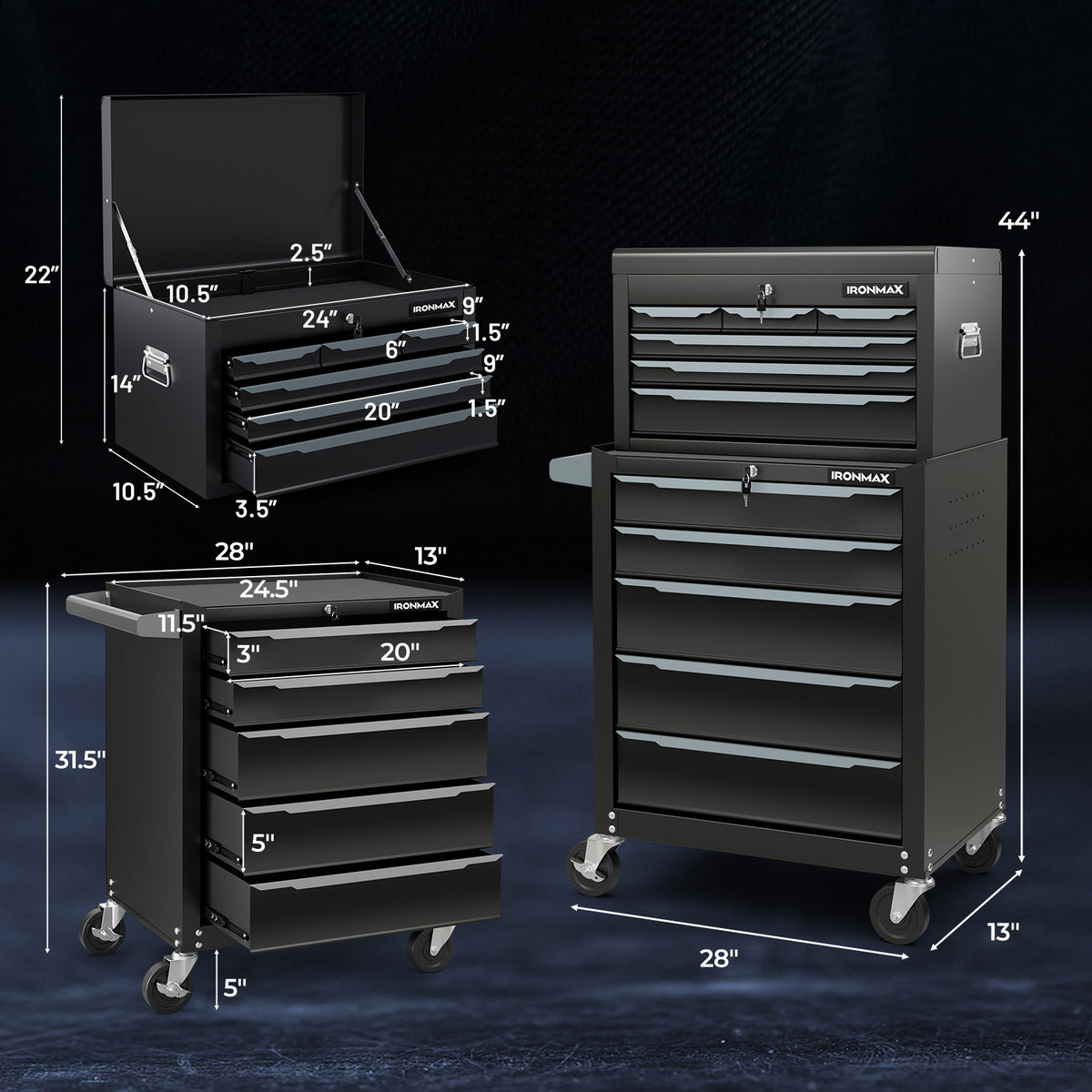 Rolling Steel Tool Chest with Hanging Holes and Central Keyed Locking