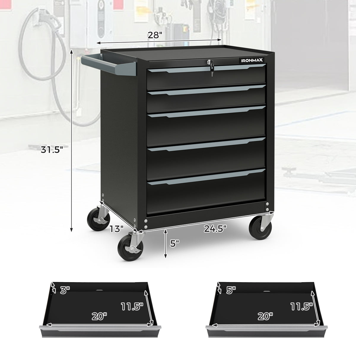 5-Drawer Tool Storage Cabinet with Wheels - Black