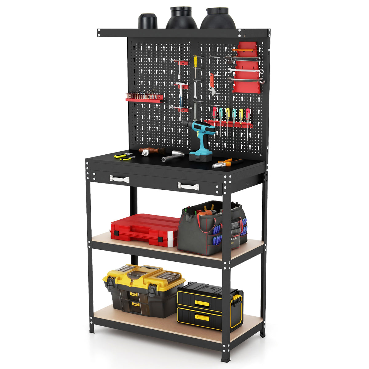 Tool Storage Workbench with Pegboard 14 Hanging Accessories for Garage