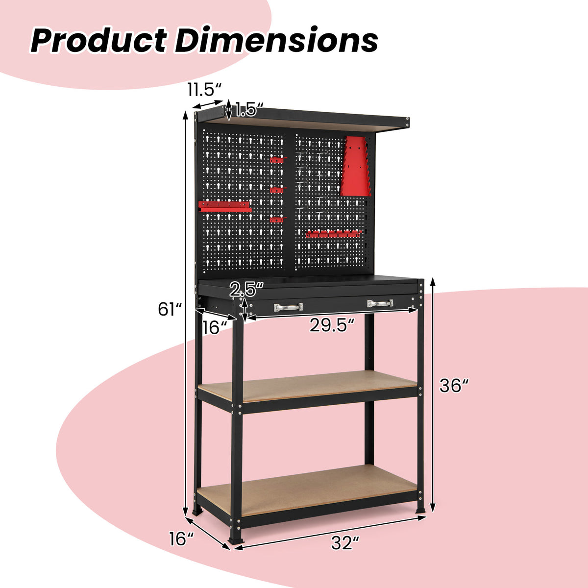 Tool Storage Workbench with Pegboard 14 Hanging Accessories for Garage