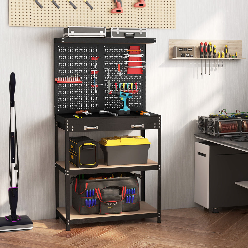 Tool Storage Workbench with Pegboard 14 Hanging Accessories for Garage