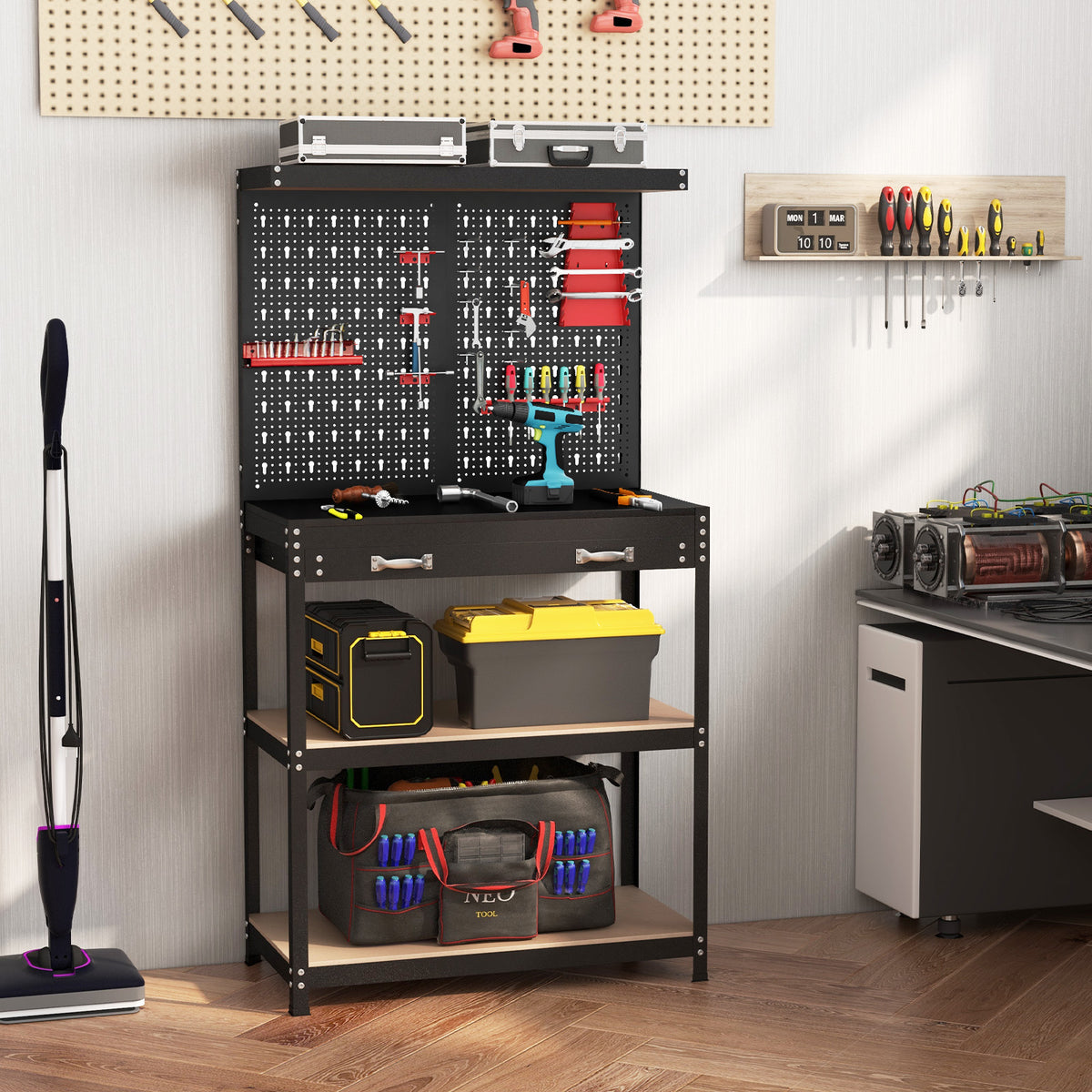 Tool Storage Workbench with Pegboard 14 Hanging Accessories for Garage