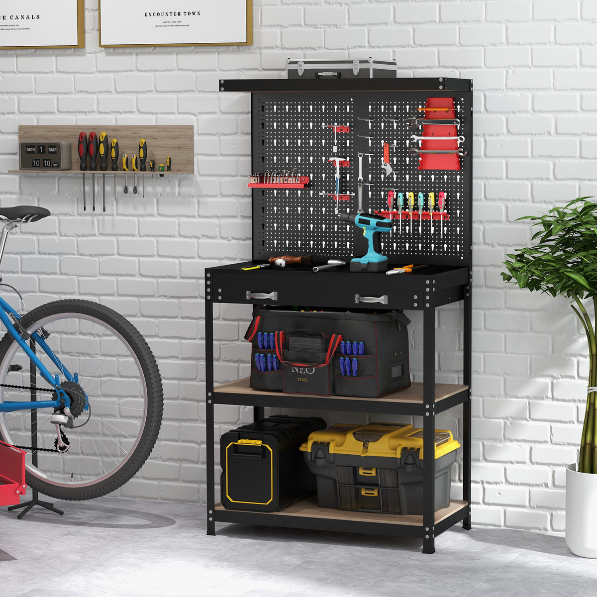 Tool Storage Workbench with Pegboard 14 Hanging Accessories for Garage