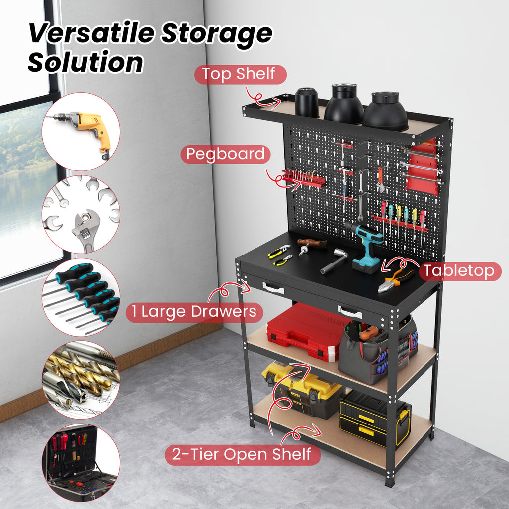 Tool Storage Workbench with Pegboard 14 Hanging Accessories for Garage