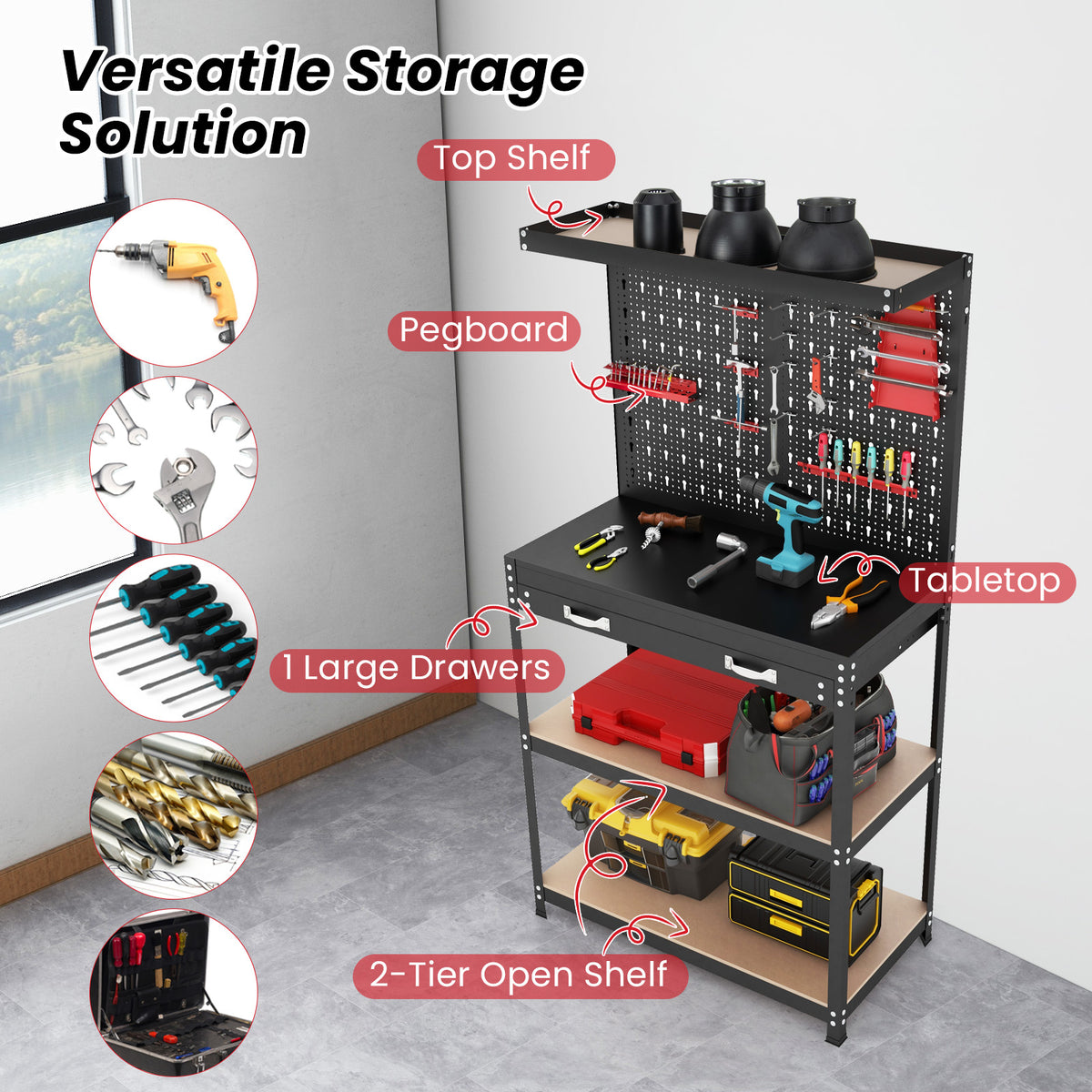 Tool Storage Workbench with Pegboard 14 Hanging Accessories for Garage