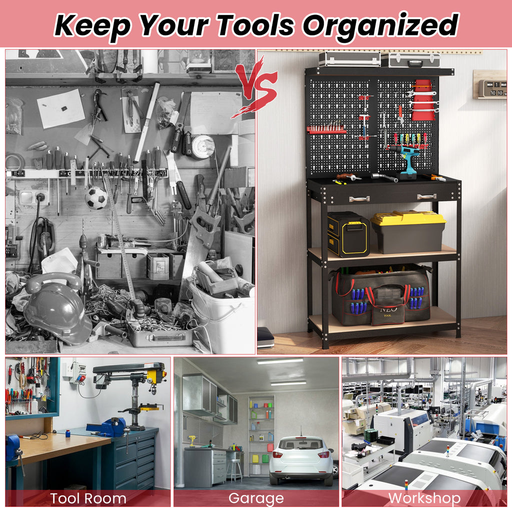 Tool Storage Workbench with Pegboard 14 Hanging Accessories for Garage