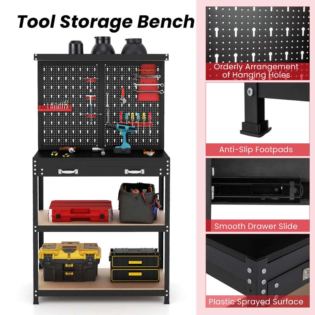 Tool Storage Workbench with Pegboard 14 Hanging Accessories for Garage