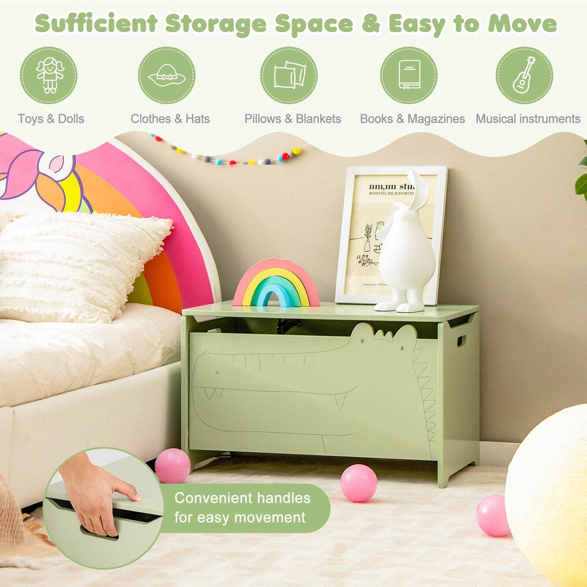 Kids Wooden Toy Storage Chest Without Wheels - Green Safety Hinge Playroom Organizer