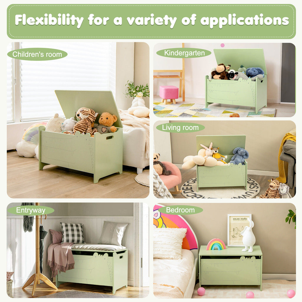 Kids Wooden Toy Storage Chest Without Wheels - Green Safety Hinge Playroom Organizer