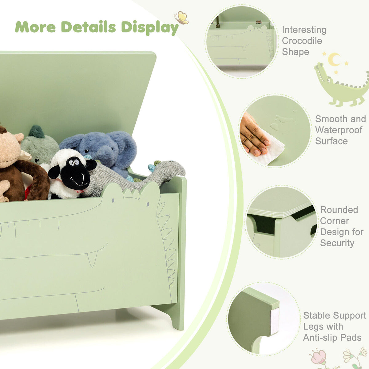 Kids Wooden Toy Storage Chest Without Wheels - Green Safety Hinge Playroom Organizer