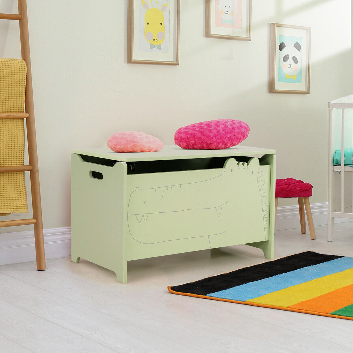 Kids Wooden Toy Storage Chest Without Wheels - Green Safety Hinge Playroom Organizer