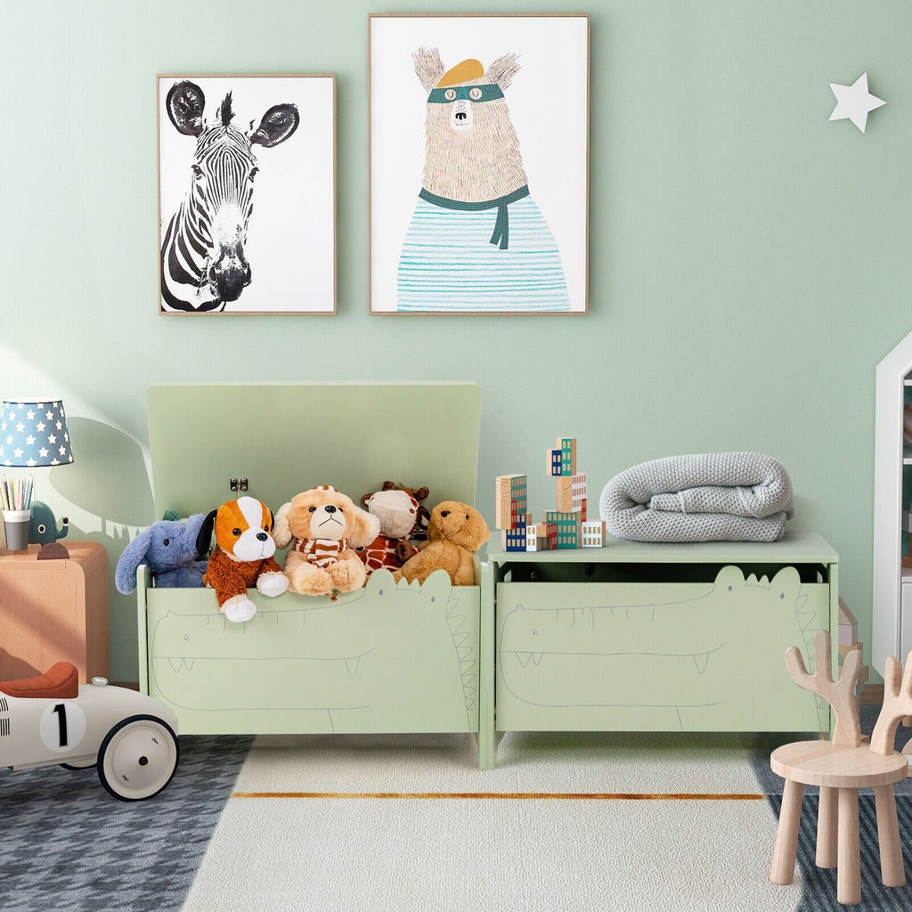 Kids Wooden Toy Storage Chest Without Wheels - Green Safety Hinge Playroom Organizer