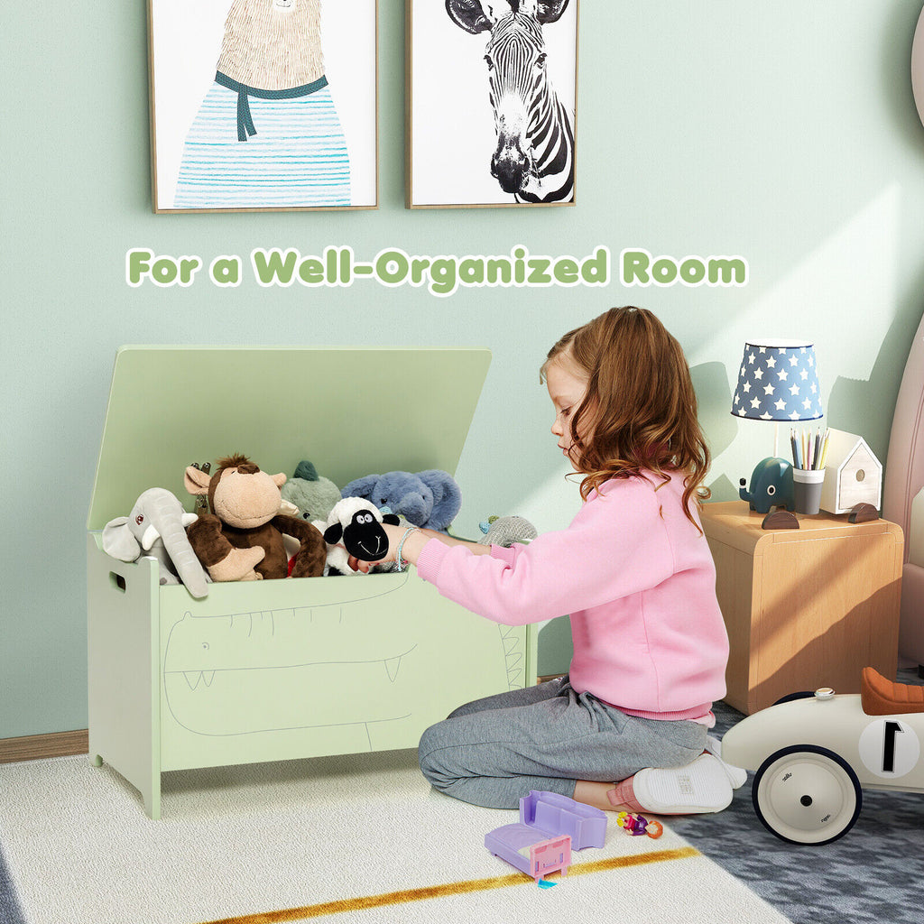 Kids Wooden Toy Storage Chest Without Wheels - Green Safety Hinge Playroom Organizer
