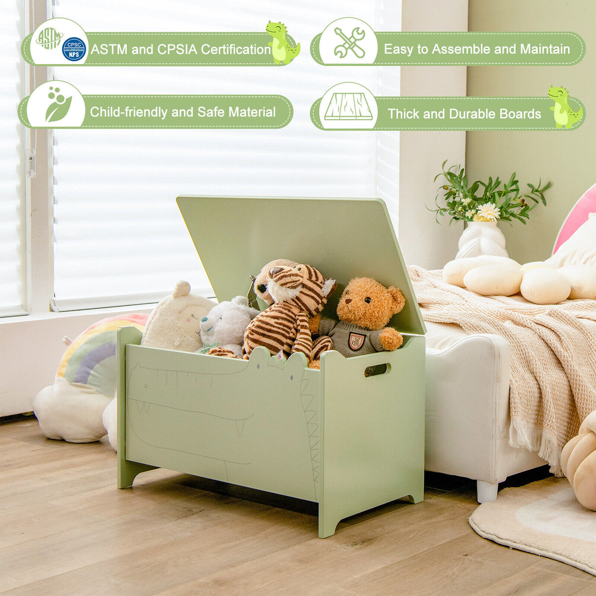 Kids Wooden Toy Storage Chest Without Wheels - Green Safety Hinge Playroom Organizer