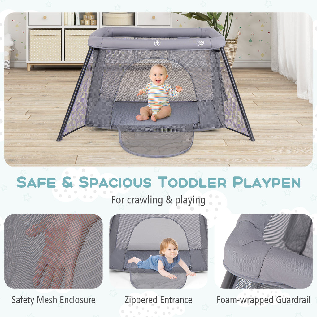 Dark Gray 2-in-1 Portable Baby Playpen with Safety Enclosure & Padded Mattress