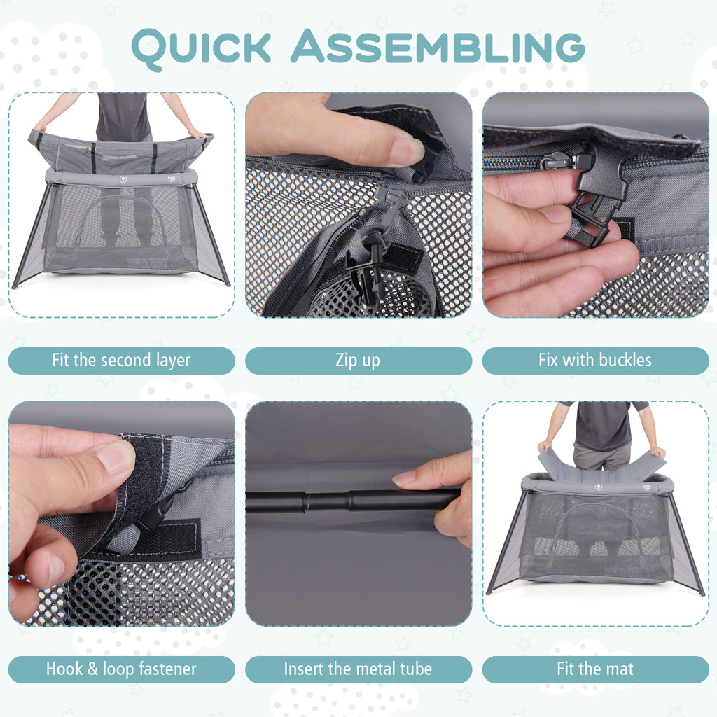 Dark Gray 2-in-1 Portable Baby Playpen with Safety Enclosure & Padded Mattress