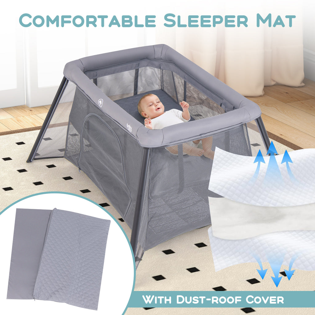 Dark Gray 2-in-1 Portable Baby Playpen with Safety Enclosure & Padded Mattress