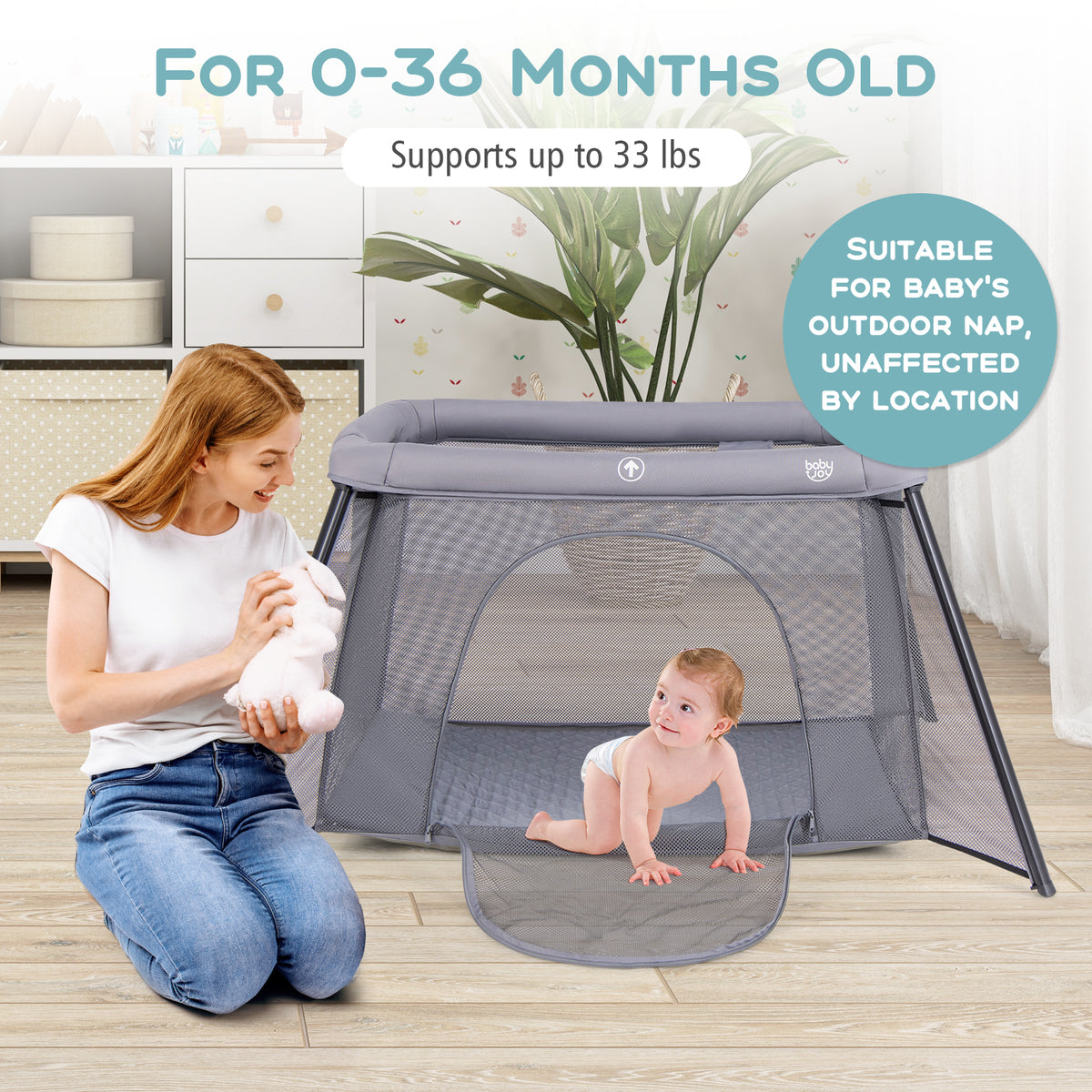 Dark Gray 2-in-1 Portable Baby Playpen with Safety Enclosure & Padded Mattress