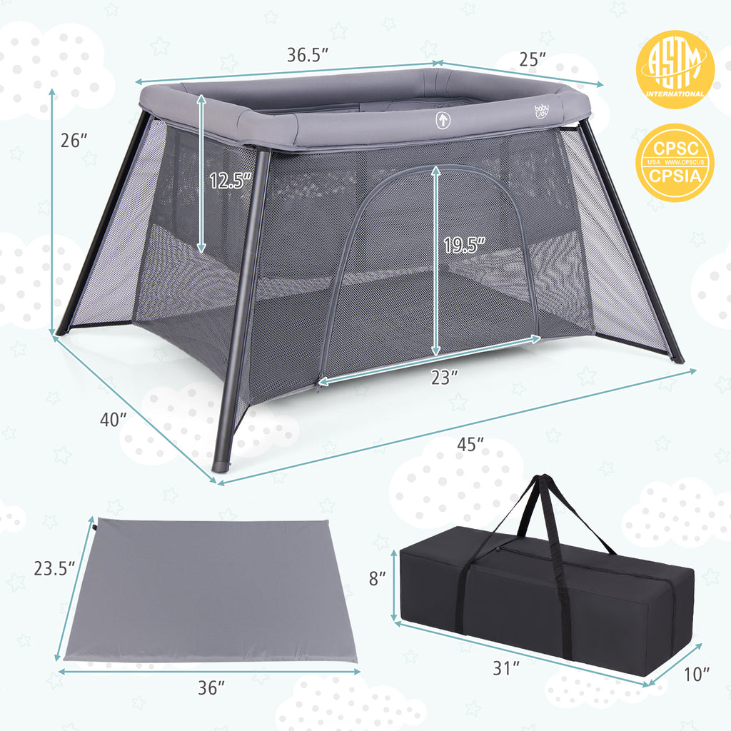 Dark Gray 2-in-1 Portable Baby Playpen with Safety Enclosure & Padded Mattress