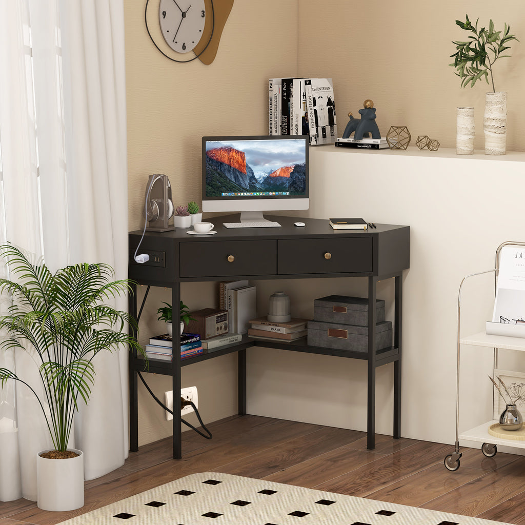 Triangle Corner Desk with Charging Station - Black