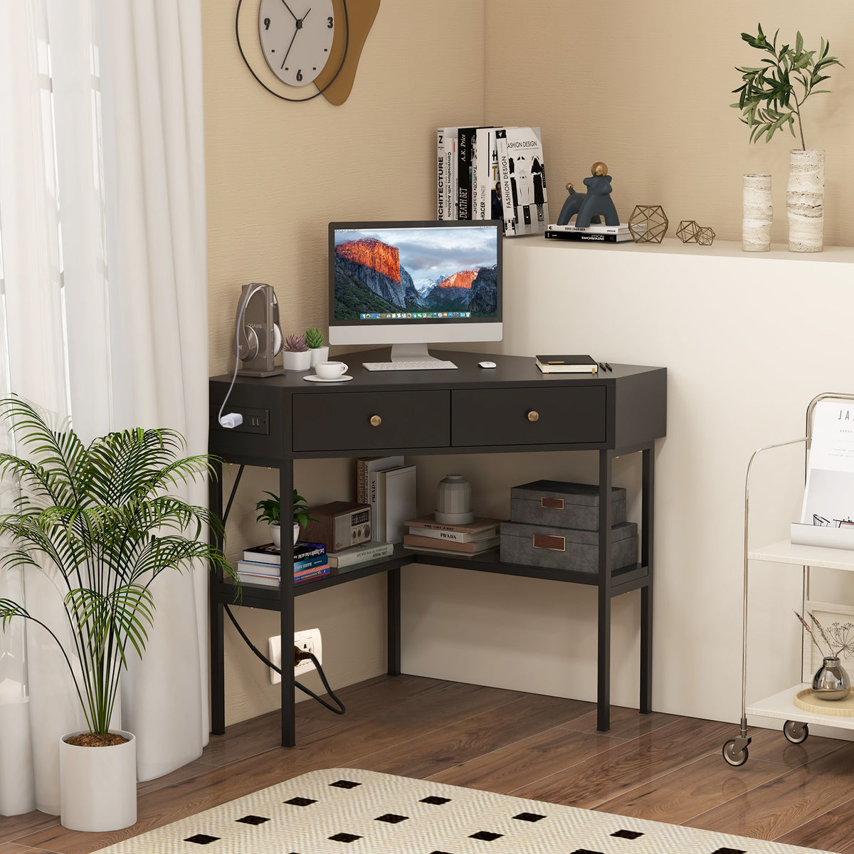 Triangle Corner Desk with Charging Station - Black