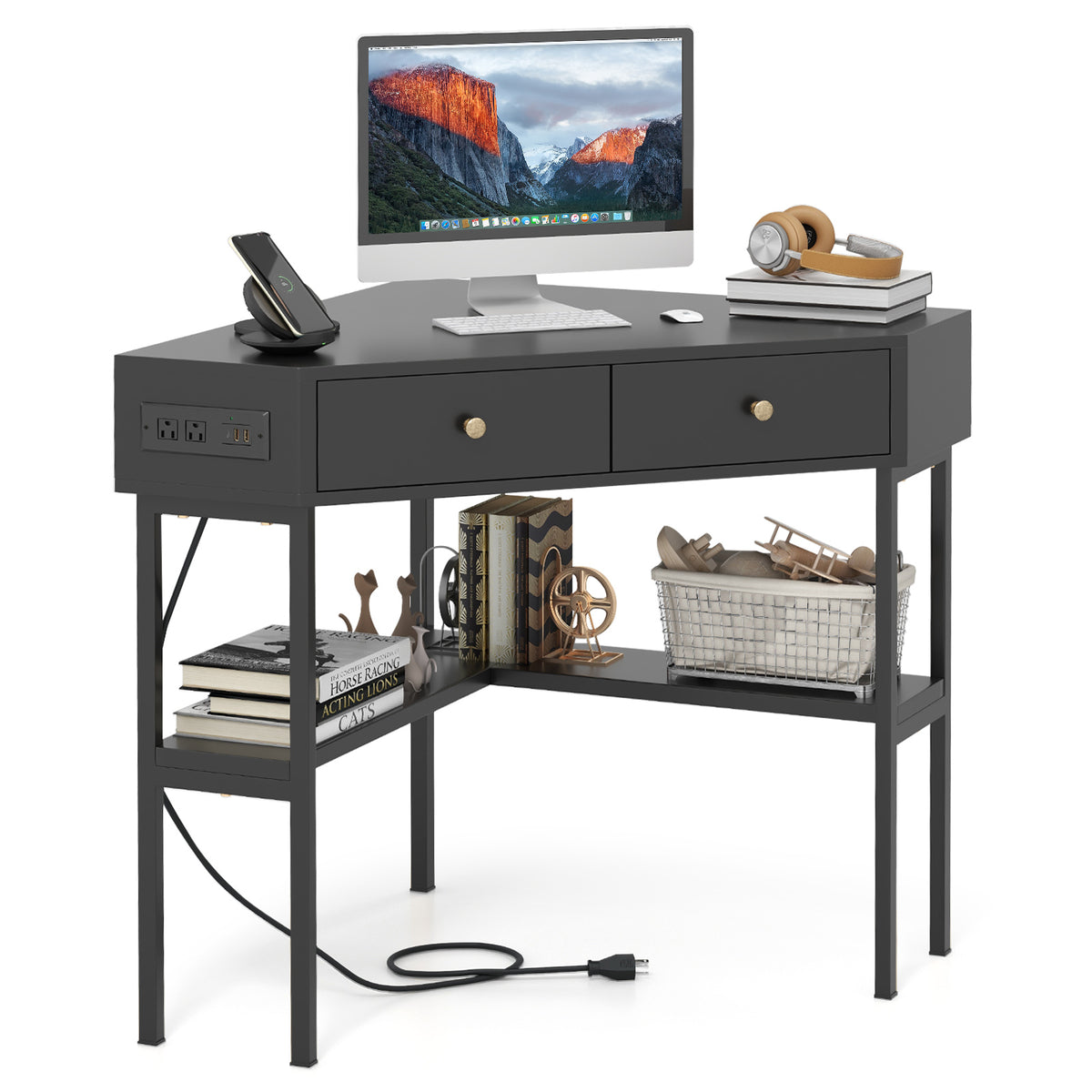 Triangle Corner Desk with Charging Station - Black